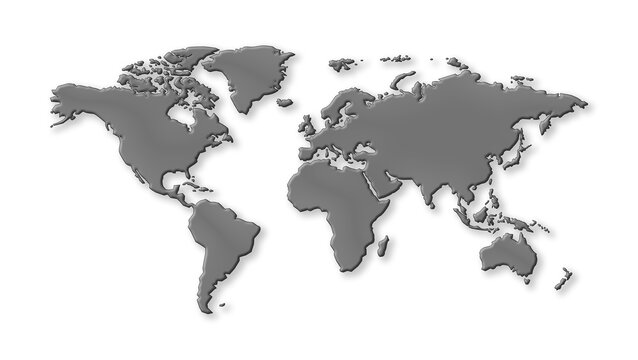 The world land is gray color on white background.World map with shadow.Generalized world map.World map on isolated background.