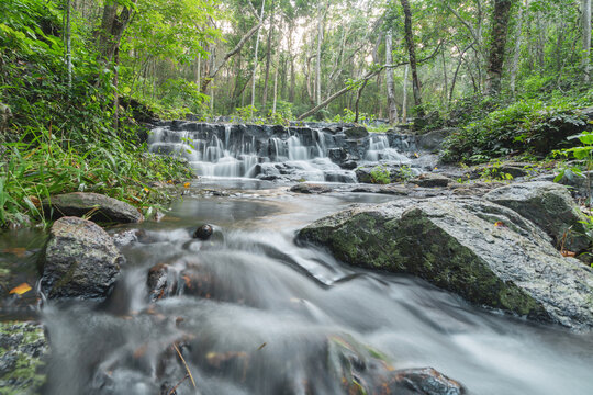 Namtok Samlan Waterfall. Nature landscape of Saraburi in natural park, Thailand in travel trip on holiday and vacation, tourist attraction.