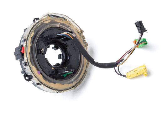  steering column cable disassembled on a white isolated background, spare part for car repair or for sale at junk yard.