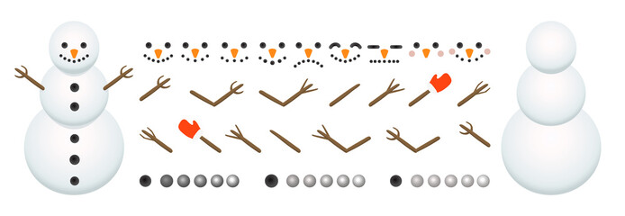 Snowman creation, constructor. A large set of faces, hands, stones, and snow circles. Isolated on white background