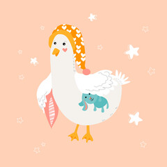 Cartoon goose in a sleeping cap with a pillow and a toy hare. Vector Nursery poster print.  Children room decoration. Cute animals