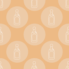 Seamless pattern of bottles of tequila in flat style in form of thin lines. In the form of background is circle of color drinks. Isolated object design beverage. Simple icon for restaurant, party