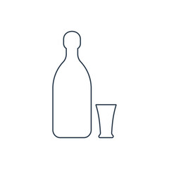 Tequila bottle and glassware. Alcoholic drink for parties and celebrations. Simple black line shapes isolated. Illustration on white background. Flat design style for any purposes