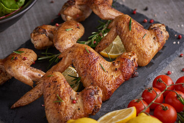 Roasted chicken wings in barbecue sauce with pepper seeds Rosemary, salt in a black stone plate on a gray stone table. top view with copy space. tasty snack for beer on a dark background. Flat lay.