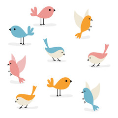 Vector set of cute drawn birds. Blue, pink and orange bird in different poses. Family and flock of birds. Bird patter. Coloring book, textiles, wallpaper, cartoon. home decor.