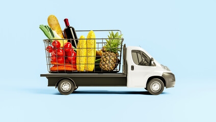 Shopping cart with food delivery service background concept. Shopping basket with vegetables fruits and food with wheels deliver order. - 435879489
