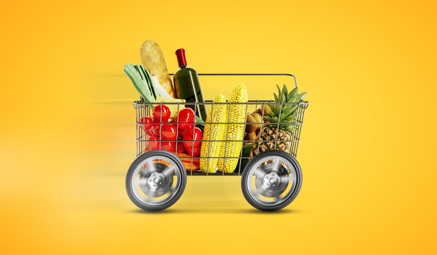 Shopping cart with food delivery service background concept. Shopping basket with vegetables fruits and food with wheels deliver order.