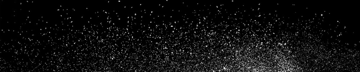White Grainy Texture On Black. Panoramic Background. Wide Horizontal Long Banner For Site. Dust Overlay. Light Coloured Noise Granules. Snow Vector Elements. Illustration, EPS 10.