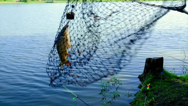 Fishermen fish on the lake. Selective focus.