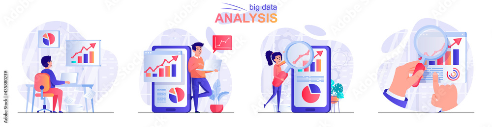 Leinwandbilder big data analysis concept scenes set. analyst works with statistics, analyzes business data charts, 