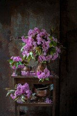 Fototapeta na wymiar Beautiful bouquet pink flowers. lilac flowers. cherry flowers in vase .