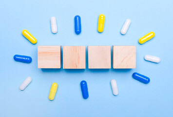 Wooden blocks and cubes ready for adding text and word that can be used to convey a message or a concept. Space for text