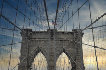 American flag on Brooklyn Bridge, New York, USA