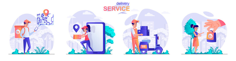 Delivery service concept scenes set. Courier delivers order to home, application for online tracking of parcel. Collection of people activities. Vector illustration of characters in flat design