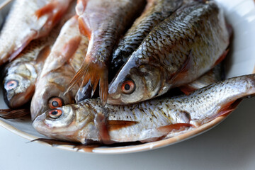 Peeled fresh river fish in a plate in the kitchen