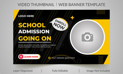 Kids school education admission customizable video thumbnail and web banner template. Editable Video thumbnail template design for social media or any videos - obrazy, fototapety, plakaty