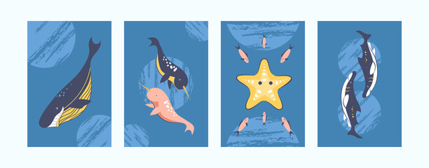 Obraz premium Illustration set for underwater concept in pastel colors. Sea world illustration collection. Cute narwhal, whale, shark, starfish on blue background. Can be used for banners, website designs