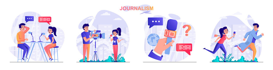 Journalism concept scenes set. Journalist interviews, reportage records reportage, paparazzi, work on television. Collection of people activities. Vector illustration of characters in flat design