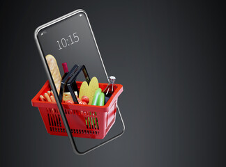 Service for delivery app. Food market in smartphone. Online shop. Food delivery background concept....