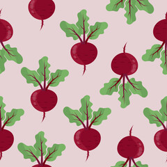 Red beet root with green leaves seamless pattern 