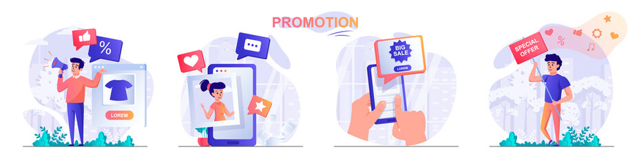 Promotion concept scenes set. Marketer attracts new customers with bonuses, discounts, big sale and special offer. Collection of people activities. Vector illustration of characters in flat design