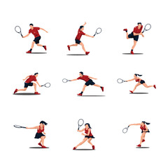 man or woman athlete swing their tennis racket set - tennis cartoon athlete isolated on white