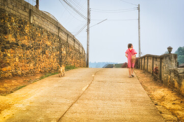 Subtle light ; Young women walking with the dog on footpath of the small village , calm and...