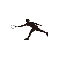 Fototapeta na wymiar sport man swing his tennis racket horizontally to reach the ball silhouette - tennis athlete forehand swing cartoon silhouette isolated on white