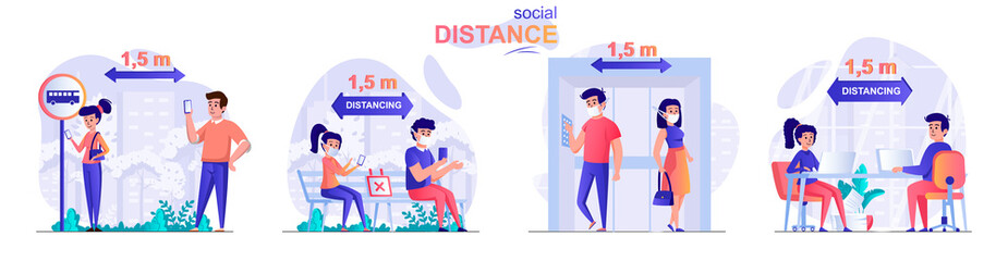 Social distance concept scenes set. Men and women keep safe distance in public places, preventing coronavirus. Collection of people activities. Vector illustration of characters in flat design