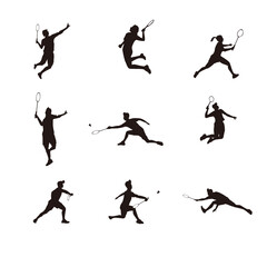 sport man and women athlete are playing badminton silhouette set isolated on white