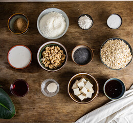 Obraz na płótnie Canvas ceramic tableware top view with food ingredients