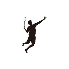 Fototapeta na wymiar silhouette of men badminton player jumping at court - silhouette of sport men are playing badminton attack with smashing shuttlecock isolated on white