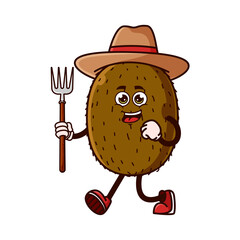 Cute Kiwi Fruit Farmer character with pitchfork. Fruit character icon concept isolated. flat cartoon style Premium Vector