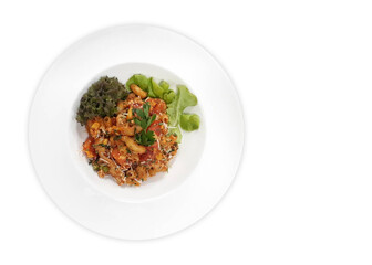 macaroni with chicken on white 