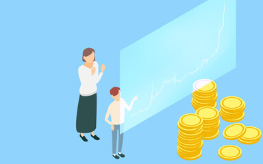 Fototapeta premium お金の教育イメージ、株価チャートを見る母親と子どものアイソメトリックイラスト
