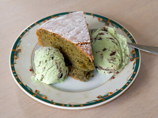 Sweet potato cake with pistachio ice cream.