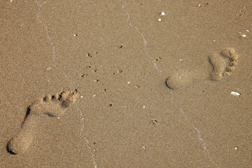 Left and right footprints walking in the sand on the beach