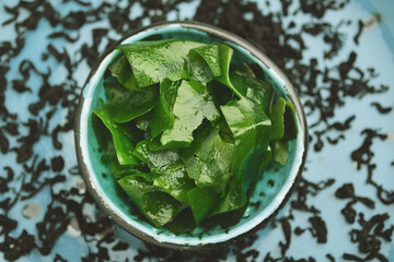 Soaked and dried wakame seaweed. Japanese food. Healthy seafood