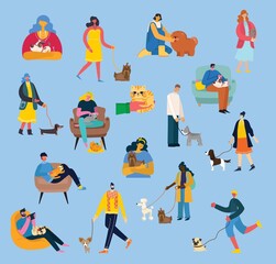 Collection of people with pets. Set of men and women holding their domestic animals.