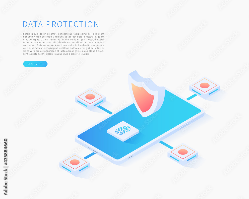 Poster data protection concept. scan fingerprint and identification system. vector isometric with smartphon