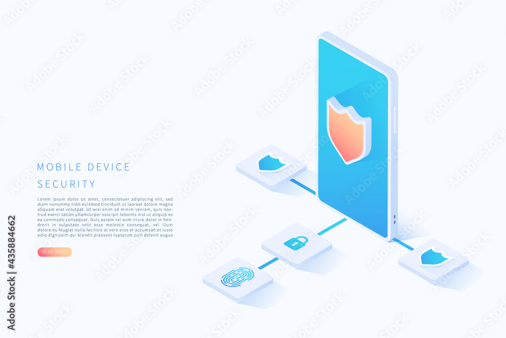 Poster mobile device security in flat isometric vector illustration. scan fingerprint and identification sy