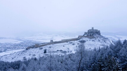 Fototapeta na wymiar Aerial view in winter of Spis Castle in Slovakia