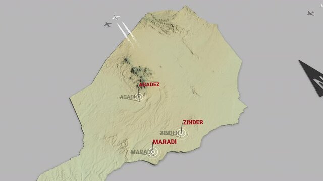 Seamless looping animation of the 3d terrain map of Niger with the capital and the biggest cites in 4K resolution