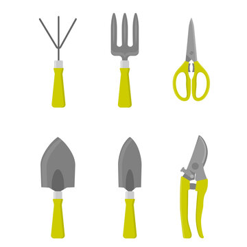  Set of garden equipment. Hand rake, trowel, transplanter and scissors. Flat vector isolated illustration