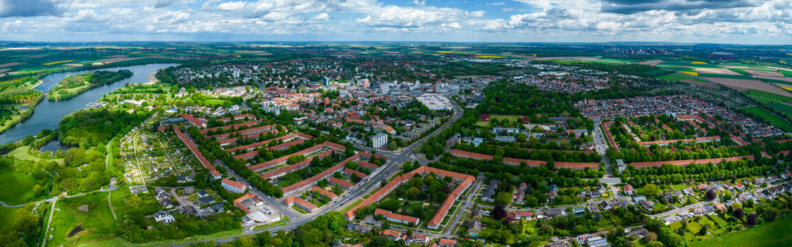 Aerial view of the city Lebenstedt in Salzgitter in Germany on a sunny day in spring.