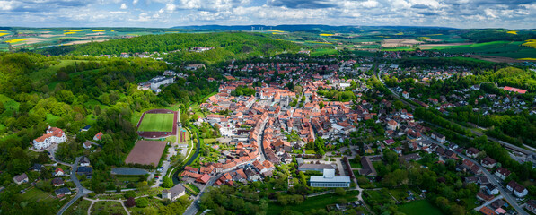 Aerial view of the city Bad Gandersheim in Germany on a sunny day in spring.