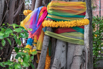 Marigold flower garlands and Fabric colors Colorful wrapped around the tree The multicolored cloth tied around a tree is the belief of the Thai villagers. Selective focus.