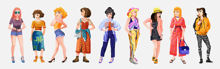 Collection of stylish young women dressed in trendy clothes.Set of fashionable casual and formal outfits.Bundle of cute girl hipsters or trendsetters. Female characters cartoon colorful illustration