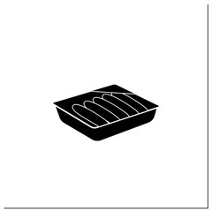 Sausages glyph icon. Meal in plastic box. Portion control, protection, tampering resistance from bacteria. Packing foods concept. Filled flat sign. Isolated silhouette vector illustration