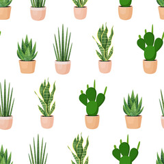 Seamless pattern with plants in pots on a white background. Vector illustration for fabrics, textures, wallpapers, posters, postcards.